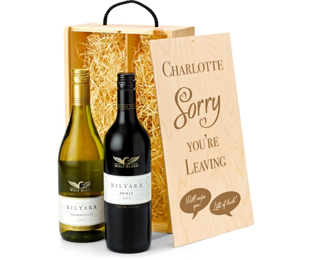 Retirement Australian Red & White Wine Gift Box With Engraved Personalised Lid